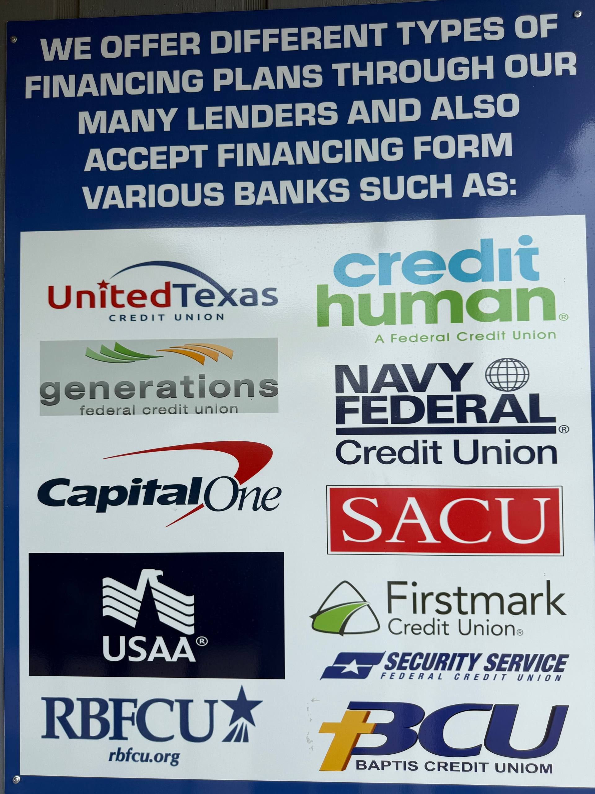 Aleman Auto Sales lender banner: United Texas, Credit Human, Generations FCU, Navy Federal, Capital One, SACU, USAA, Firstmark, Security Service, RBFCU and BCU.